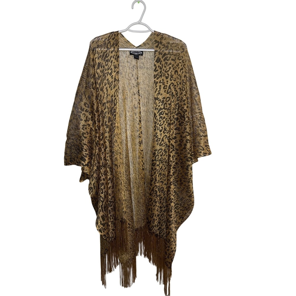 Oliver & Co Leopard Print Kimono Cardigan Fringe Metallic Gold Black‎ 2X Boho